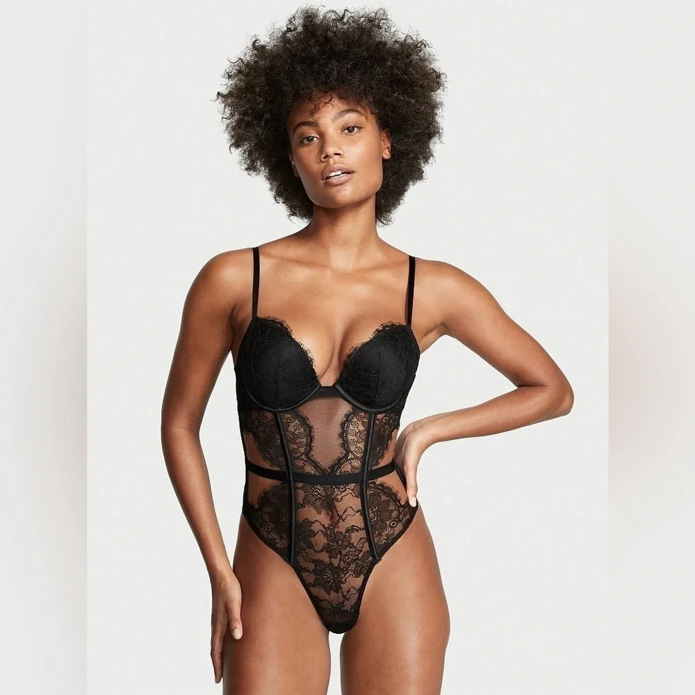 EUC Victorias Secret Black Bustier Push Up All Over Lace Teddy | Size XS